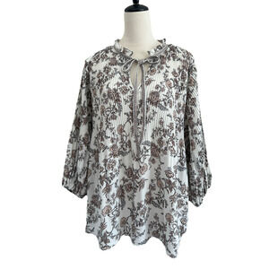 Max Studio Blouse Top Womens 1X Floral Long Sleeve Pleated Ruffle Tie Neck Work